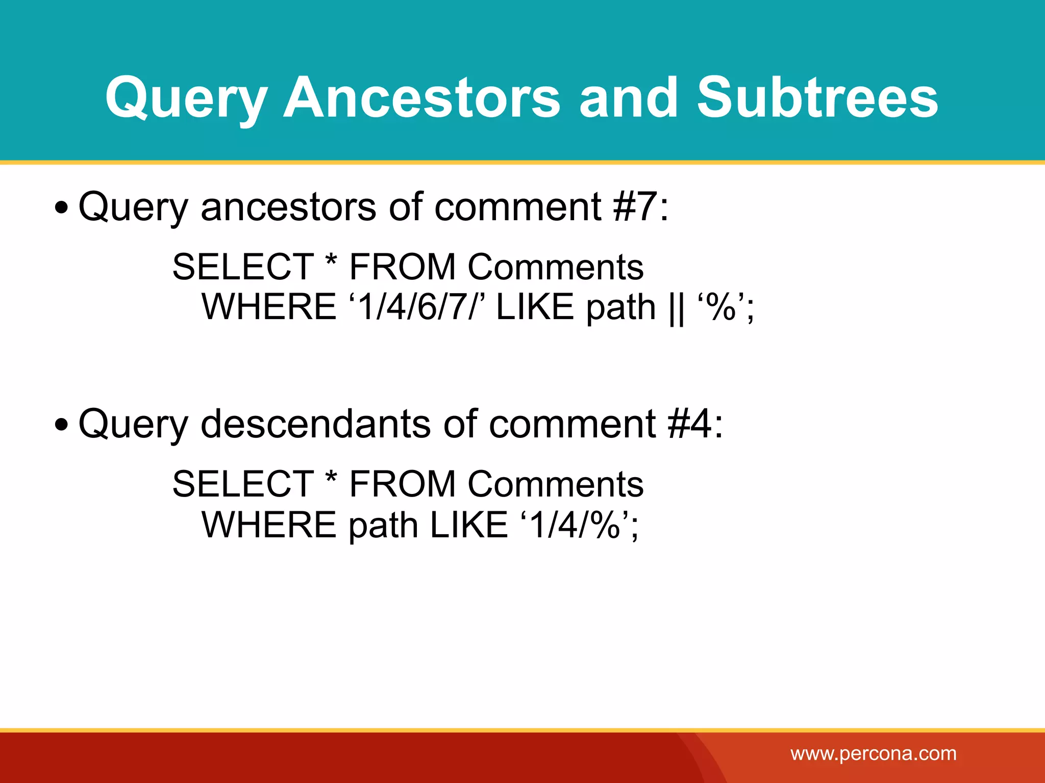 Query Ancestors and Subtrees
• Query ancestors of comment #7:
      SELECT * FROM Comments
       WHERE ‘1/4/6/7/’ LIKE path || ‘%’;


• Query descendants of comment #4:
      SELECT * FROM Comments
       WHERE path LIKE ‘1/4/%’;




                                            www.percona.com
 