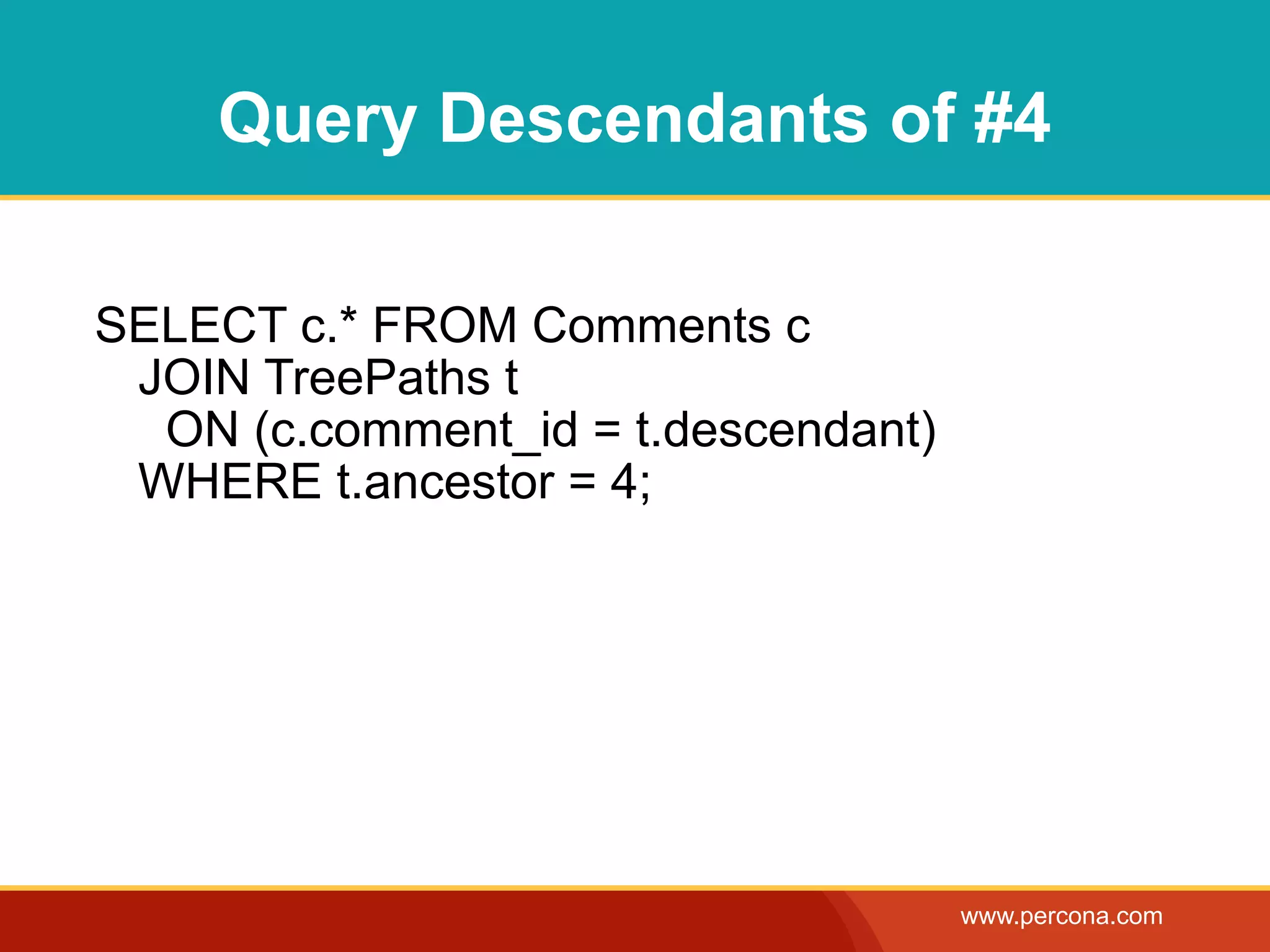 Query Descendants of #4

SELECT c.* FROM Comments c
 JOIN TreePaths t
  ON (c.comment_id = t.descendant)
 WHERE t.ancestor = 4;




                                     www.percona.com
 