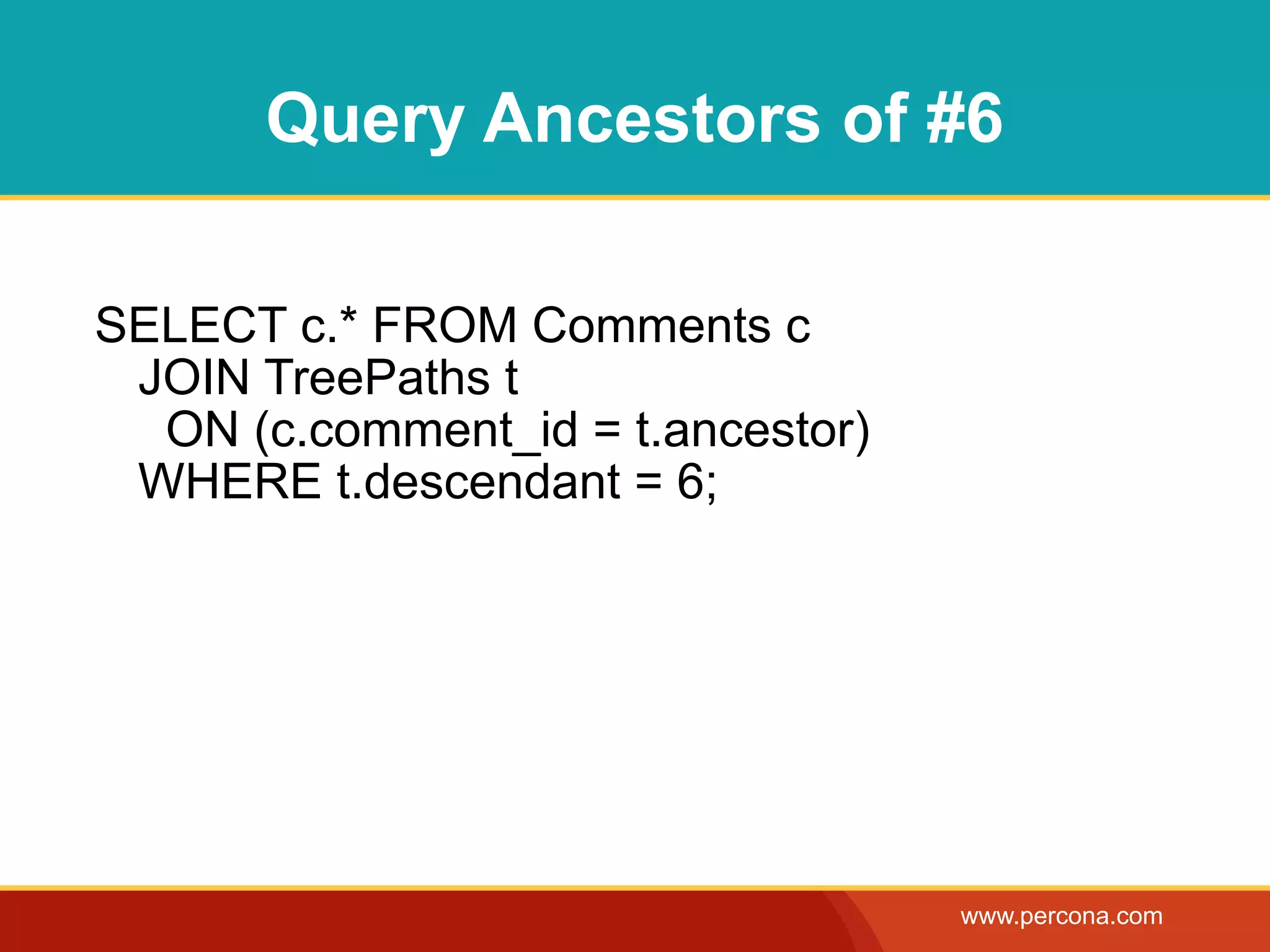 Query Ancestors of #6

SELECT c.* FROM Comments c
 JOIN TreePaths t
  ON (c.comment_id = t.ancestor)
 WHERE t.descendant = 6;




                                   www.percona.com
 