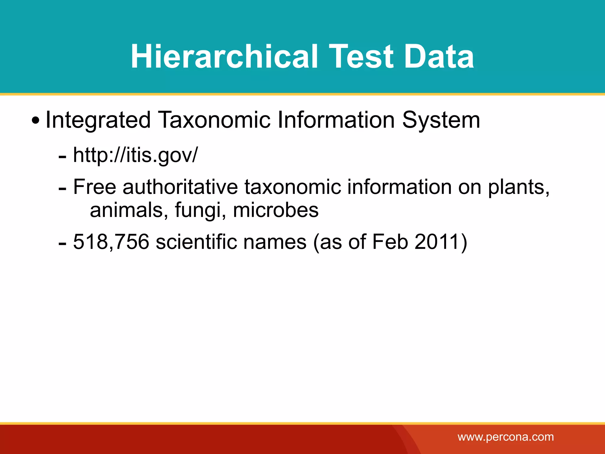 Hierarchical Test Data
• Integrated Taxonomic Information System
  - http://itis.gov/
  - Free authoritative taxonomic information on plants,
     animals, fungi, microbes
  - 518,756 scientific names (as of Feb 2011)




                                             www.percona.com
 