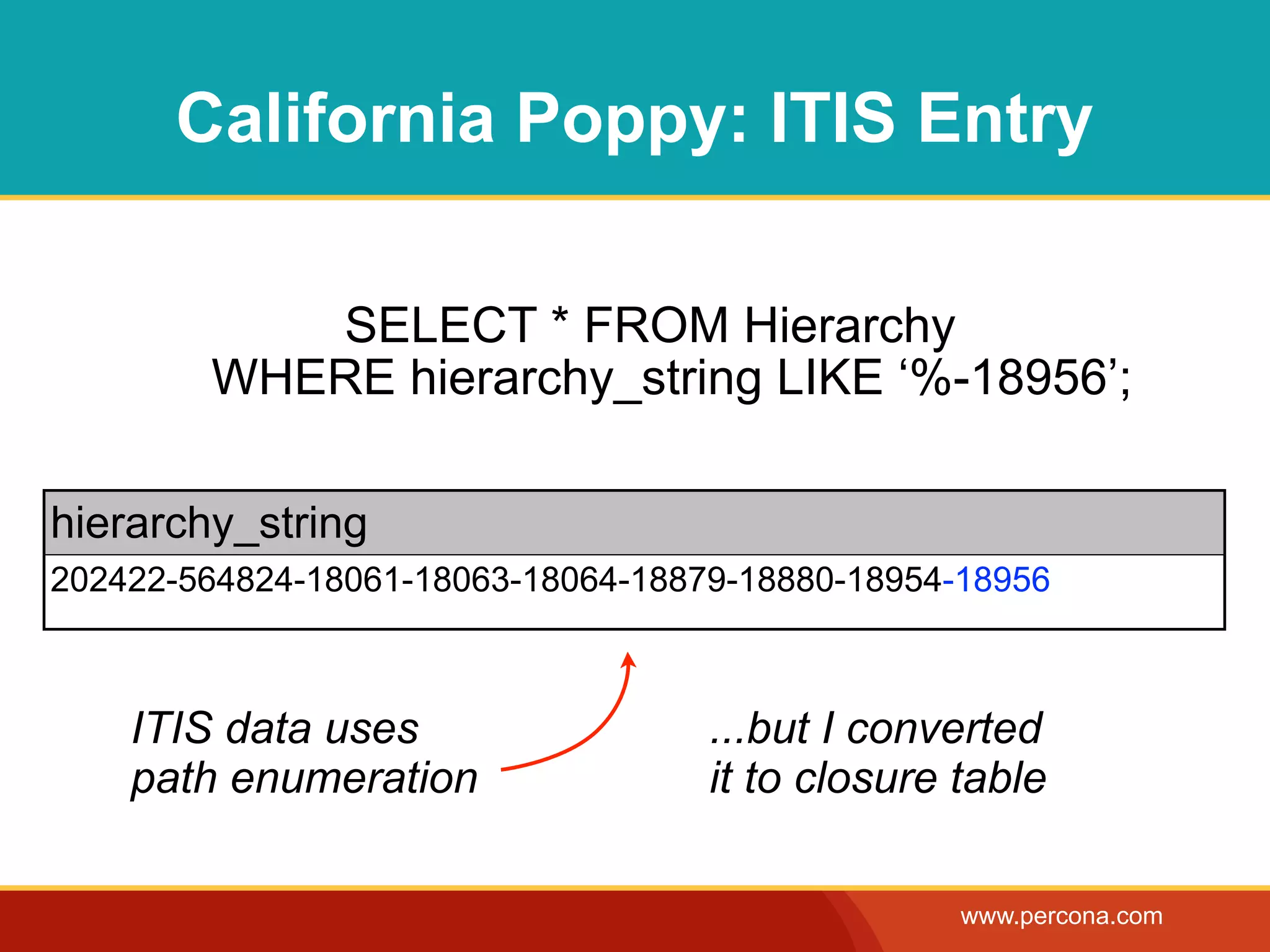 California Poppy: ITIS Entry

           SELECT * FROM Hierarchy
        WHERE hierarchy_string LIKE ‘%-18956’;

hierarchy_string
202422-564824-18061-18063-18064-18879-18880-18954-18956



    ITIS data uses                  ...but I converted
    path enumeration                it to closure table

                                                  www.percona.com
 