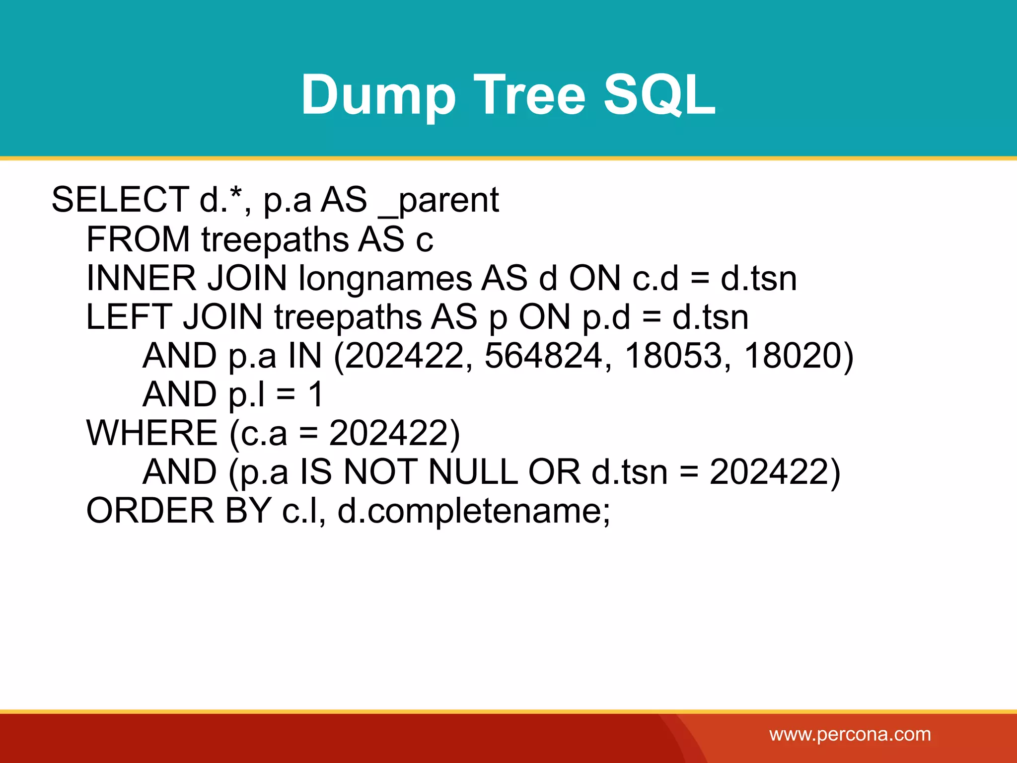 Dump Tree SQL
SELECT d.*, p.a AS _parent
 FROM treepaths AS c
 INNER JOIN longnames AS d ON c.d = d.tsn
 LEFT JOIN treepaths AS p ON p.d = d.tsn
    AND p.a IN (202422, 564824, 18053, 18020)
    AND p.l = 1
 WHERE (c.a = 202422)
    AND (p.a IS NOT NULL OR d.tsn = 202422)
 ORDER BY c.l, d.completename;




                                        www.percona.com
 
