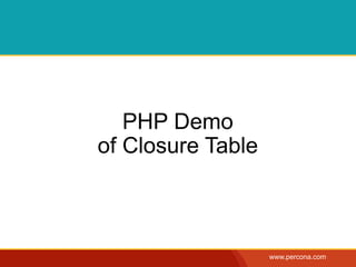 PHP Demo
of Closure Table



                   www.percona.com
 