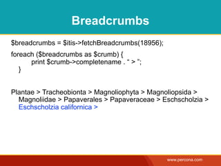 Breadcrumbs
$breadcrumbs = $itis->fetchBreadcrumbs(18956);
foreach ($breadcrumbs as $crumb) {
      print $crumb->complete...