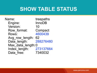 SHOW TABLE STATUS
Name:             treepaths
 Engine:          InnoDB
 Version:         10
 Row_format:      Compact
 Row...