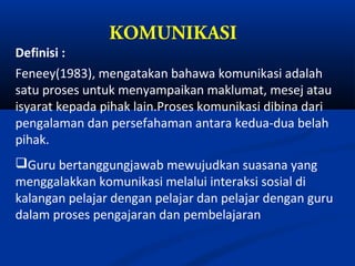 KOMUNIKASI
Definisi :
Feneey(1983), mengatakan bahawa komunikasi adalah
satu proses untuk menyampaikan maklumat, mesej atau
isyarat kepada pihak lain.Proses komunikasi dibina dari
pengalaman dan persefahaman antara kedua-dua belah
pihak.
Guru bertanggungjawab mewujudkan suasana yang
menggalakkan komunikasi melalui interaksi sosial di
kalangan pelajar dengan pelajar dan pelajar dengan guru
dalam proses pengajaran dan pembelajaran
 