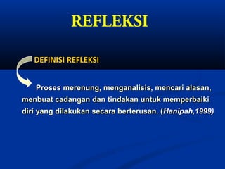 REFLEKSI

   DEFINISI REFLEKSI


   Proses merenung, menganalisis, mencari alasan,
menbuat cadangan dan tindakan untuk memperbaiki
diri yang dilakukan secara berterusan. (Hanipah,1999)
 