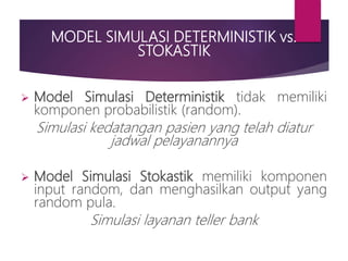 MODEL SIMULASI DETERMINISTIK vs.
STOKASTIK
 Model Simulasi Deterministik tidak memiliki
komponen probabilistik (random).
Simulasi kedatangan pasien yang telah diatur
jadwal pelayanannya
 Model Simulasi Stokastik memiliki komponen
input random, dan menghasilkan output yang
random pula.
Simulasi layanan teller bank
 