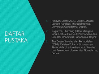 DAFTAR
PUSTAKA
1. Hidayat, Soleh (2005), Teknik Simulasi,
Lecture Handout: Mikroelektronika,
Universitas Gunadarma, Depok.
2. Sugiartha, I Komang (2015), Bilangan
Acak, Lecture Handout: Permodelan dan
Simulasi, Universitas Gunadarma, Depok.
3. Tim Dosen Simulasi dan Permodelan
(2003), Catatan Kuliah - Simulasi dan
Permodelan, Lecture Handout: Simulasi
dan Permodelan, Universitas Gunadarma,
Depok.
 