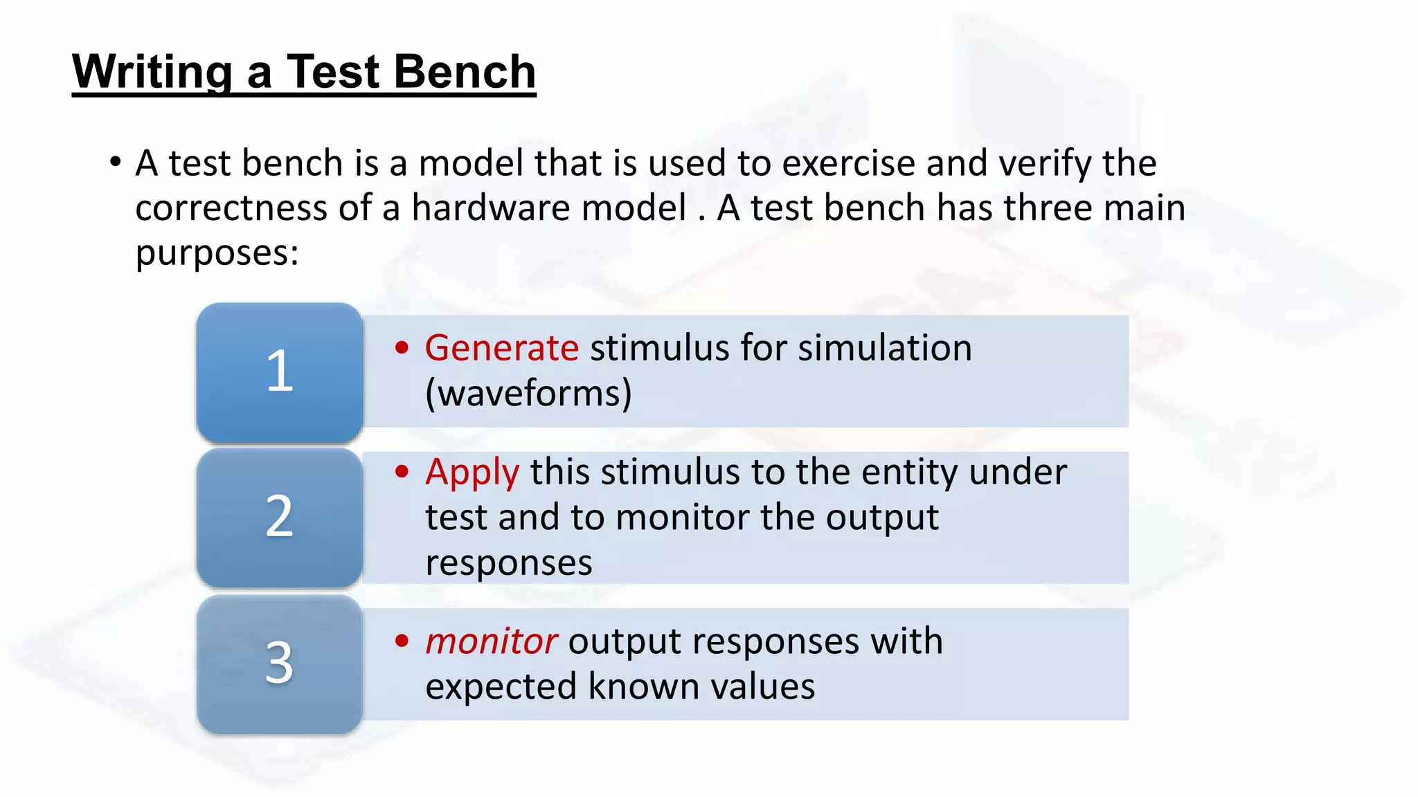 Writing a Test Bench
• A test bench is a model that is used to exercise and verify the
correctness of a hardware model . A test bench has three main
purposes:
• Generate stimulus for simulation
(waveforms)1
• Apply this stimulus to the entity under
test and to monitor the output
responses
2
• monitor output responses with
expected known values3
 