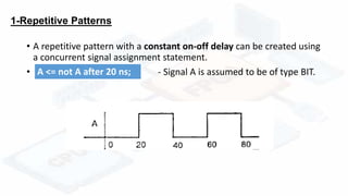 1-Repetitive Patterns
• A repetitive pattern with a constant on-off delay can be created using
a concurrent signal assignment statement.
• - Signal A is assumed to be of type BIT.A <= not A after 20 ns;
 