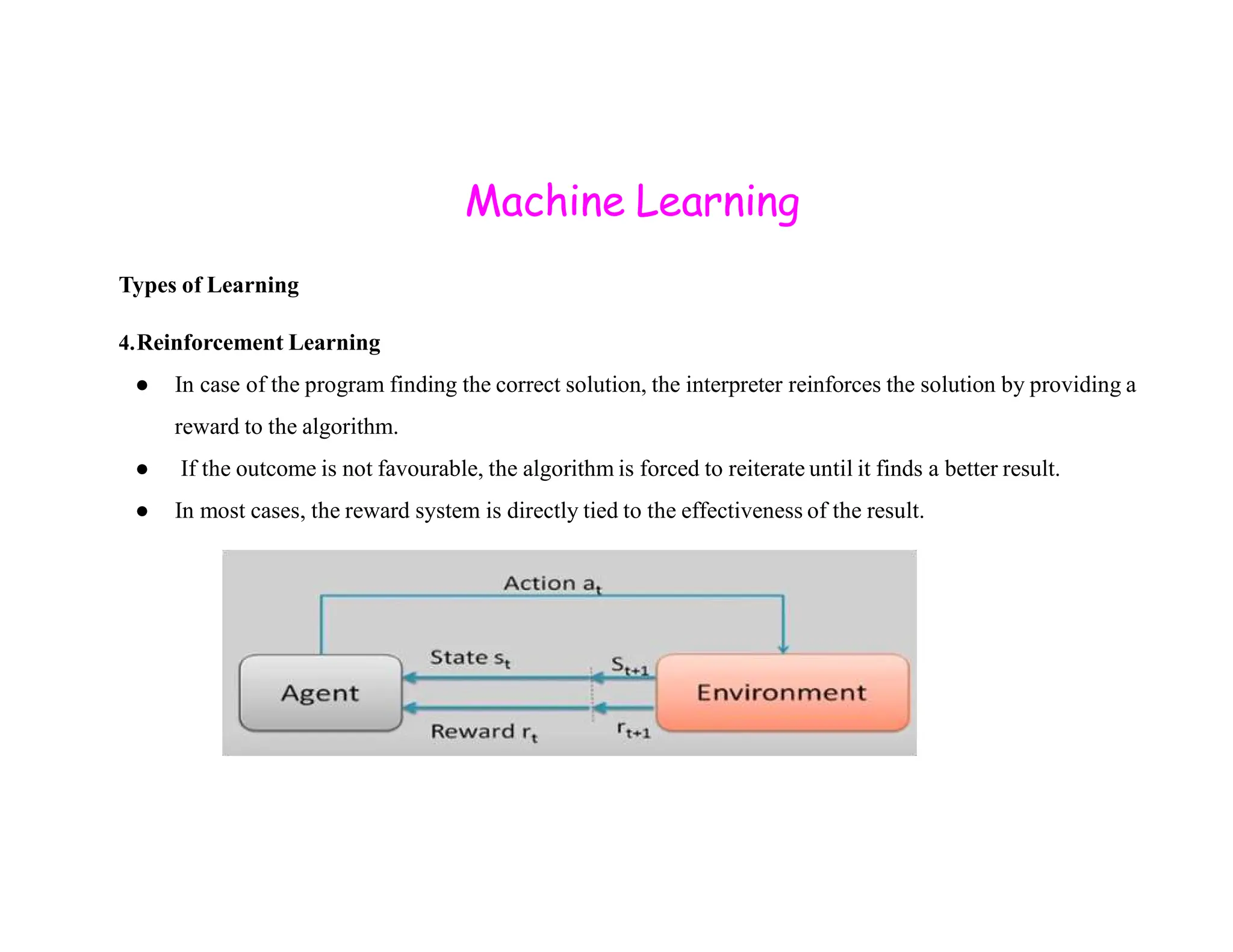 Machine Learning Types of Learning 4.Reinforcement Learning ● In case of the program finding the correct solution, the interpreter reinforces the solution by providing a reward to the algorithm. ● If the outcome is not favourable, the algorithm is forced to reiterate until it finds a better result. ● If the outcome is not favourable, the algorithm is forced to reiterate until it finds a better result. ● In most cases, the reward system is directly tied to the effectiveness of the result. 