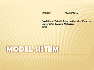 Arfianti          (092904019)


Pendidikan Teknik Informatika dan Komputer
Universitas Negeri Makassar
2011
 