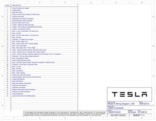 1
1
2
2
3
3
4
4
5
5
6
6
D D
C C
B B
A A
1004573-00-D 09 (final) 5/13/2014
1.1
Table of Contents
ITEM NO.
PROJECT NAME:
DO NOT SCALE
REVISION: DATE:
SHEET
Model S Wiring Diagram: LHD
PHASE:
SHEET NAME:
SOP(2012)
THE INFORMATION CONTAINED HEREIN IS DEEMED TO BE CONFIDENTIAL, PROPRIETARY, AND A TRADE SECRET OF TESLA MOTORS.
THIS INFORMATION MAY NOT BE USED, REPRODUCED, OR DISCLOSED AS THE DIRECT OR INDIRECT BASIS FOR THE DEVELOPMENT,
MANUFACTURE, OR SALE OF PROCESSES OR PRODUCTS WITHOUT THE EXPRESSED WRITTEN CONSENT OF TESLA MOTORS.
1
2
3
4
Table of Contents and Legend
Change History
Base Audio wiring
Premium Audio wiring (in addition to base wiring)
5 Antenna connections
6
7
8
Infotainment non-Antenna connections
MCU/Infotainment vehicle interfaces
Security, Passive Entry, Horns
9 Chassis - Stability and ABS, park brake
10
11
Chassis - Power Steering and Steering wheel controls
Chassis - Air suspension system
12 Body - LF Door (see section 31 for side mirror)
13
14
15
Body - LR Door
Body - RF Door (see section 31 for side mirror)
Body - RR Door
16 Powertrain - HV Battery and Chargers
17
18
19
Body - Exterior Lights, Front
Body - Exterior Lights, Rear, inlcuding Tailgate
Body - Front Cargo Hatch
20 Body - Rear Cargo Hatch / Power Liftgate
21
22
HVAC - Thermal Controller Sensors, Valves and Inlet Louvers
HVAC - Coolant Pumps / Condenser Fans / Cabin Function
23
24
HVAC - Thermal Controller, Solenoids, Relay Drive, Rear Defrost, Air PTC, Compressor
Powertrain - HVIL and High Voltage architecture
25 Body - Wiper/Washer System
26
27
Passive Safety Restraints System
Body - Overhead controle module, Intrusion/Tow detection, Powered Sunroof
28 Powertrain - Drive Inverter, Accelerator Pedal
29
30
31
Body - LF Seat
Body - RF Seat
Body - Side Mirrors
32 Body - Interior Lighting
Section DESCRIPTION
33 Parking Aids, Rear View Camera
34 Advanced Safety - Blind Zone and Forward Camera
35 Chassis CAN Network
36 Body CAN Network
37 Body Fault-Tolerant CAN Network
38 PowerTrain CAN Network
39 Diagnostic Connections
40 Battery and Permanent Power Distribution
41 Siwtched 12V Power Distribution
42 Ground Distribution
43 Layout and Function of Fuse/Relay Boxes
 