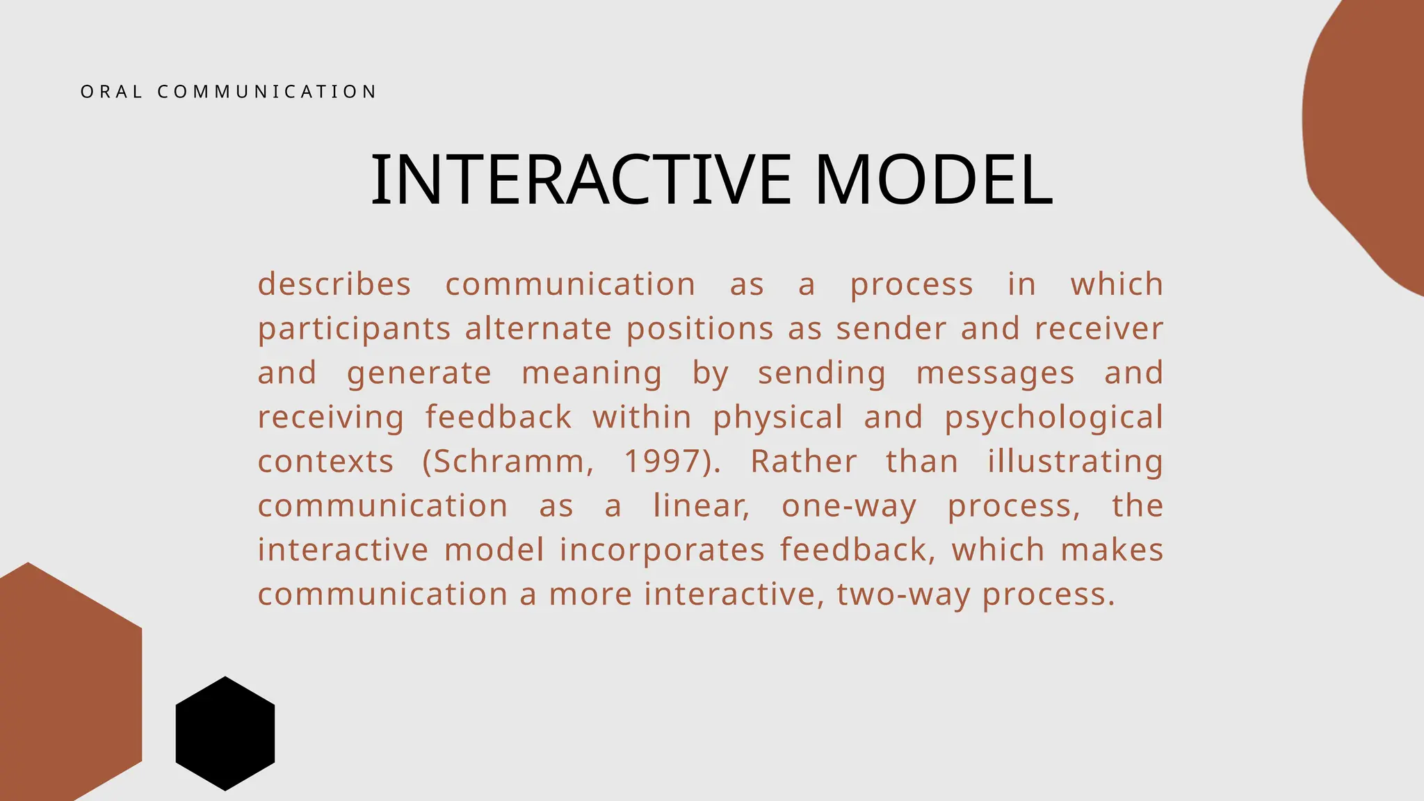 O R A L C O M M U N I C A T I O N
INTERACTIVE MODEL
describes communication as a process in which
participants alternate positions as sender and receiver
and generate meaning by sending messages and
receiving feedback within physical and psychological
contexts (Schramm, 1997). Rather than illustrating
communication as a linear, one-way process, the
interactive model incorporates feedback, which makes
communication a more interactive, two-way process.
 