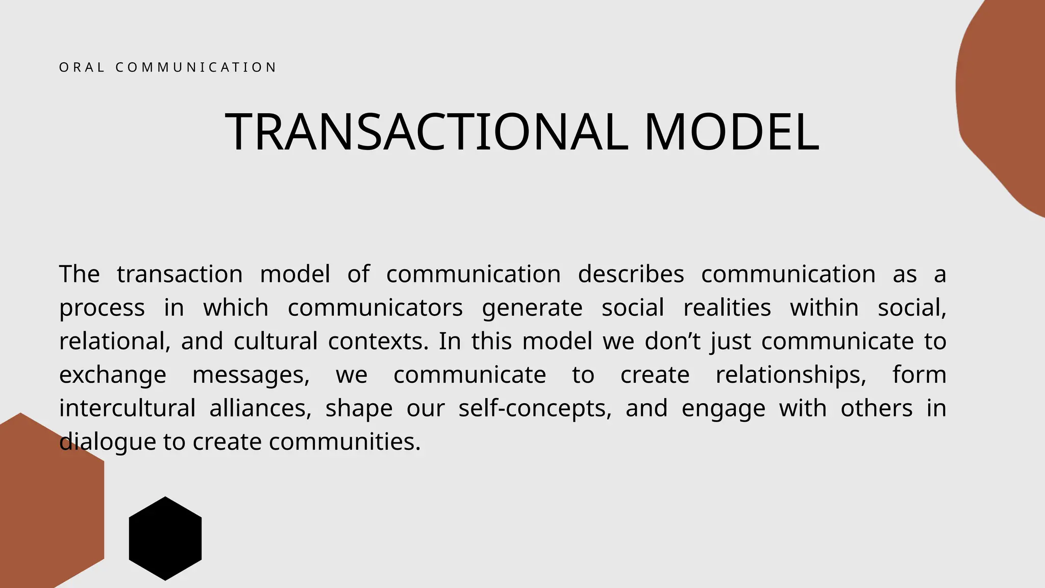 O R A L C O M M U N I C A T I O N
TRANSACTIONAL MODEL
The transaction model of communication describes communication as a
process in which communicators generate social realities within social,
relational, and cultural contexts. In this model we don’t just communicate to
exchange messages, we communicate to create relationships, form
intercultural alliances, shape our self-concepts, and engage with others in
dialogue to create communities.
 
