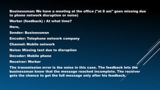 Businessman: We have a meeting at the office ("at 8 am" goes missing due
to phone network disruption or noise)
Worker (feedback) : At what time?
Here,
Sender: Businessman
Encoder: Telephone network company
Channel: Mobile network
Noise: Missing text due to disruption
Decoder: Mobile phone
Receiver: Worker
The transmission error is the noise in this case. The feedback lets the
businessman know that the message reached incomplete. The receiver
gets the chance to get the full message only after his feedback.
 
