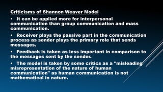Criticisms of Shannon Weaver Model
• It can be applied more for interpersonal
communication than group communication and mass
communication.
• Receiver plays the passive part in the communication
process as sender plays the primary role that sends
messages.
• Feedback is taken as less important in comparison to
the messages sent by the sender.
• The model is taken by some critics as a "misleading
misrepresentation of the nature of human
communication" as human communication is not
mathematical in nature.
 