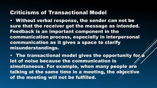 Criticisms of Transactional Model
• Without verbal response, the sender can not be
sure that the receiver got the message as intended.
Feedback is an important component in the
communication process, especially in interpersonal
communication as it gives a space to clarify
misunderstandings.
• The transactional model gives the opportunity for a
lot of noise because the communication is
simultaneous. For example, when many people are
talking at the same time in a meeting, the objective
of the meeting will not be fulfilled.
 