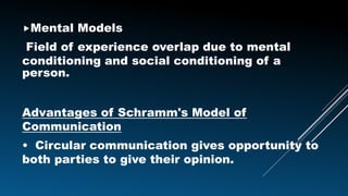 Mental Models
Field of experience overlap due to mental
conditioning and social conditioning of a
person.
Advantages of Schramm's Model of
Communication
• Circular communication gives opportunity to
both parties to give their opinion.
 