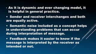 • As it is dynamic and ever changing model, it
is helpful in general practice.
• Sender and receiver interchanges and both
are equally active.
• Semantic noise included as a concept helps
in understanding problems that can occur
during interpretation of message.
• Feedback makes it easier to know if the
message is interpreted by the receiver as
intended or not.
 