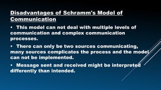 Disadvantages of Schramm's Model of
Communication
• This model can not deal with multiple levels of
communication and complex communication
processes.
• There can only be two sources communicating,
many sources complicates the process and the model
can not be implemented.
• Message sent and received might be interpreted
differently than intended.
 