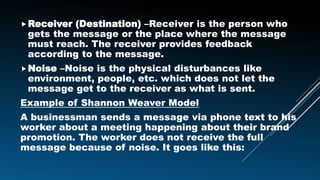 Receiver (Destination) –Receiver is the person who
gets the message or the place where the message
must reach. The receiver provides feedback
according to the message.
Noise –Noise is the physical disturbances like
environment, people, etc. which does not let the
message get to the receiver as what is sent.
Example of Shannon Weaver Model
A businessman sends a message via phone text to his
worker about a meeting happening about their brand
promotion. The worker does not receive the full
message because of noise. It goes like this:
 
