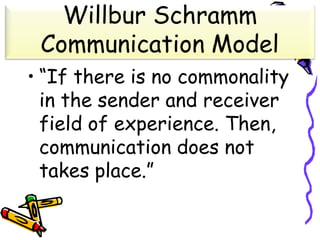 • “If there is no commonality
in the sender and receiver
field of experience. Then,
communication does not
takes place.”
Willbur Schramm
Communication Model
 