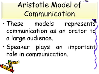 • These models represents
communication as an orator to
a large audience.
• Speaker plays an important
role in communication.
Aristotle Model of
Communication
 