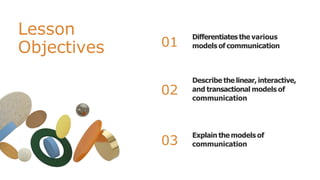 Differentiates the various
models of communication
01
Describe the linear, interactive,
and transactional models of
communication
02
Explain the models of
communication
03
Lesson
Objectives
 