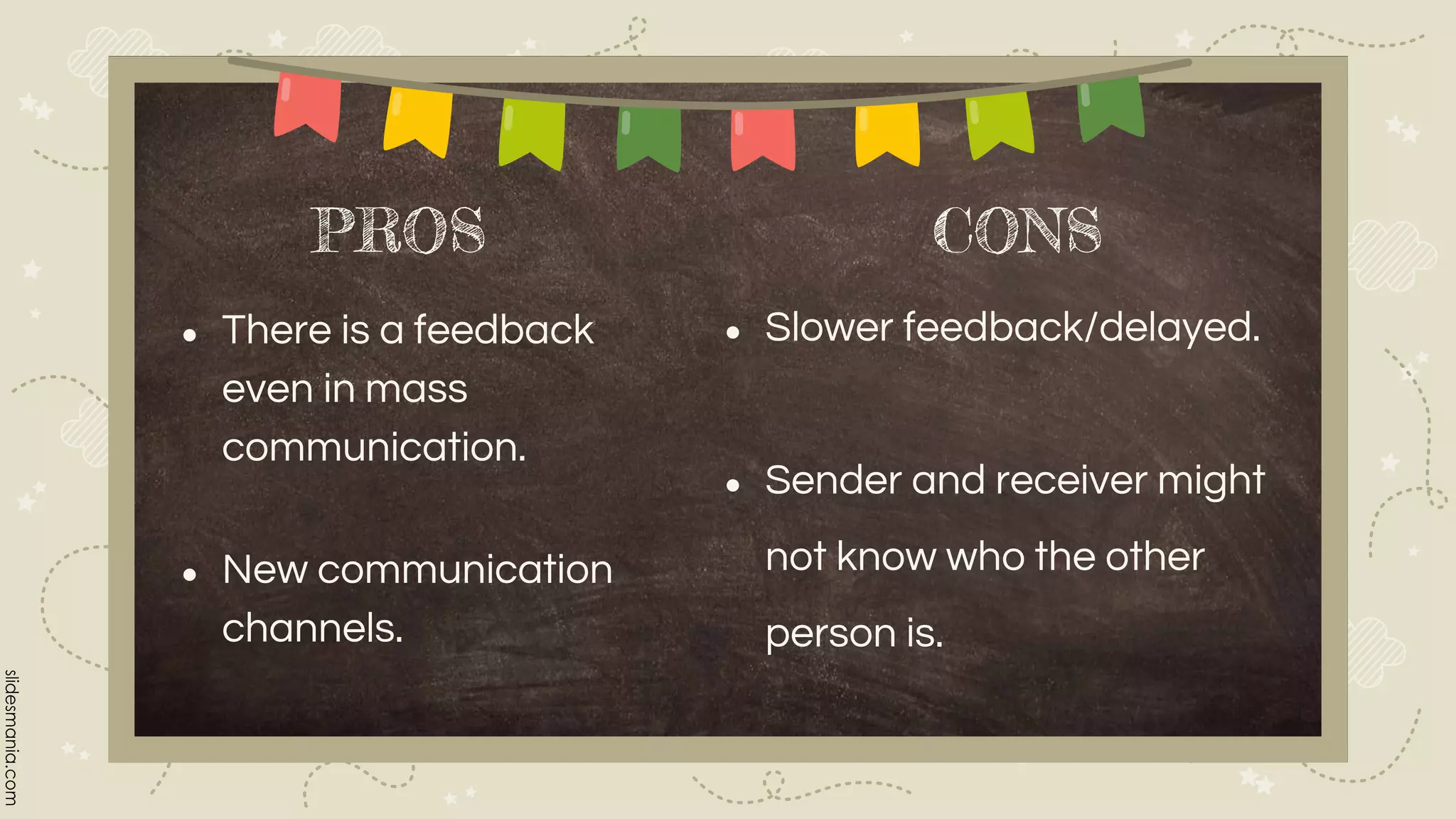 PROS
● Slower feedback/delayed.
● Sender and receiver might
not know who the other
person is.
● There is a feedback
even in mass
communication.
● New communication
channels.
CONS
 