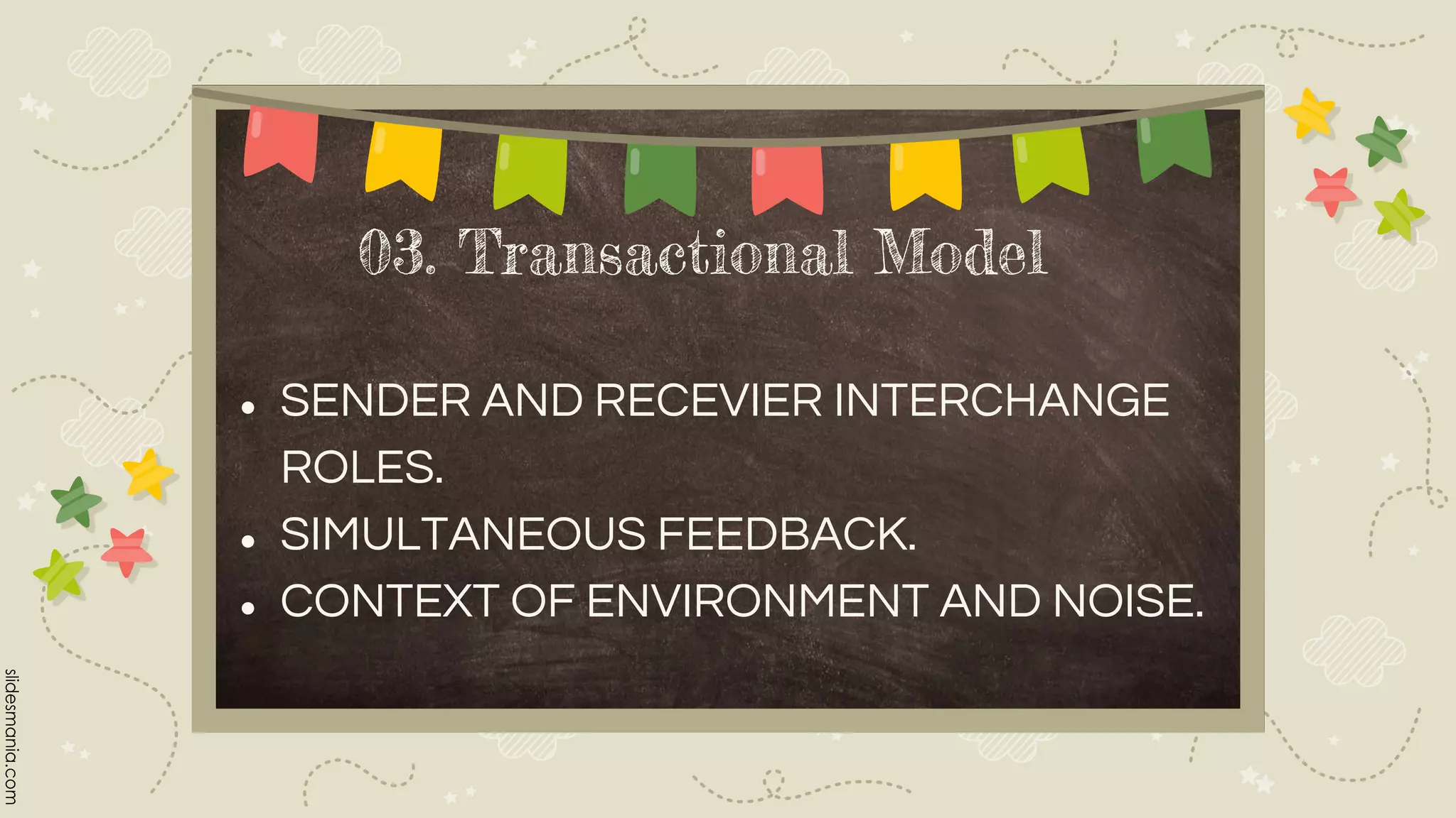 03. Transactional Model
● SENDER AND RECEVIER INTERCHANGE
ROLES.
● SIMULTANEOUS FEEDBACK.
● CONTEXT OF ENVIRONMENT AND NOISE.
 