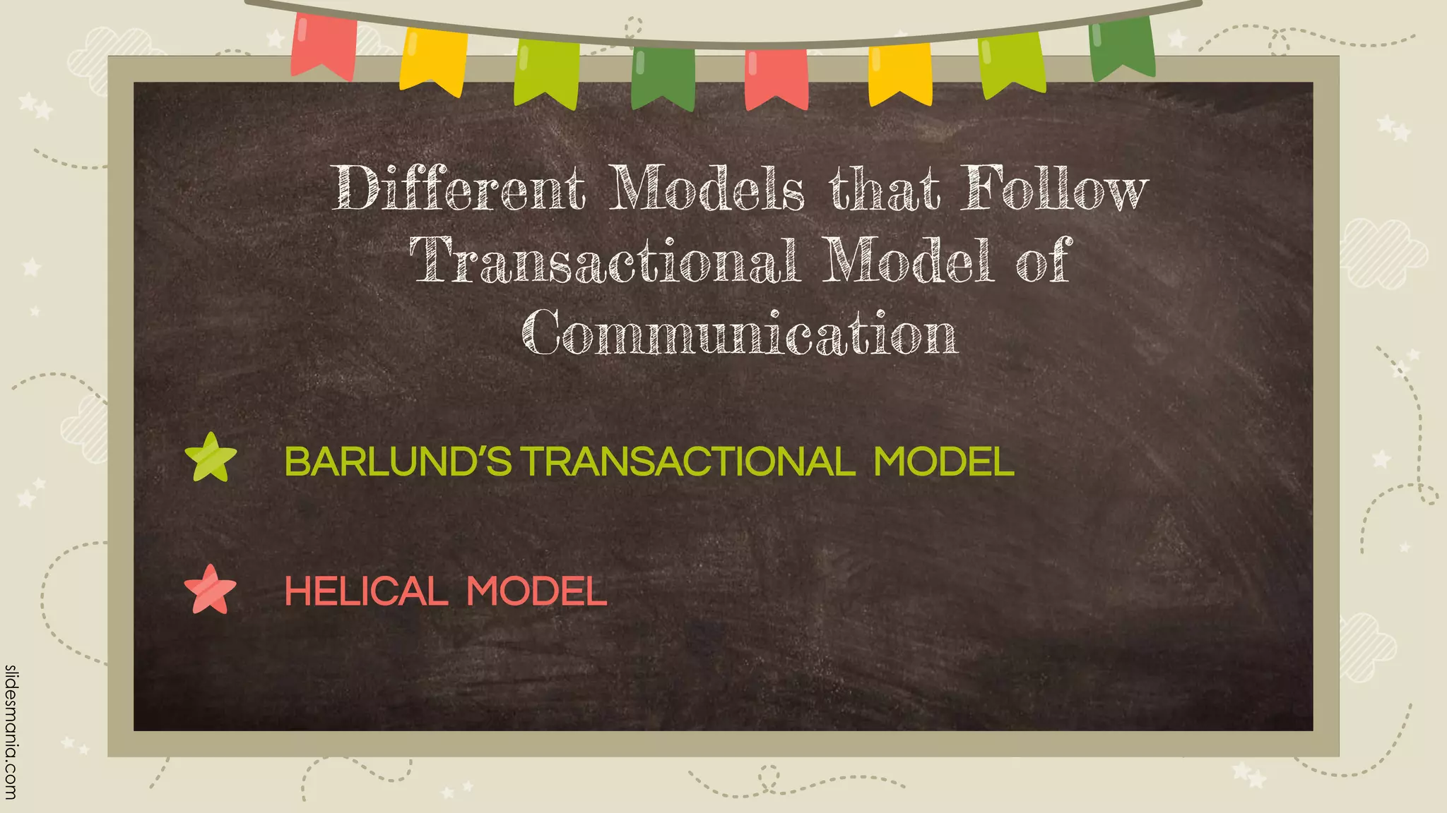 Different Models that Follow
Transactional Model of
Communication
BARLUND’S TRANSACTIONAL MODEL
HELICAL MODEL
 