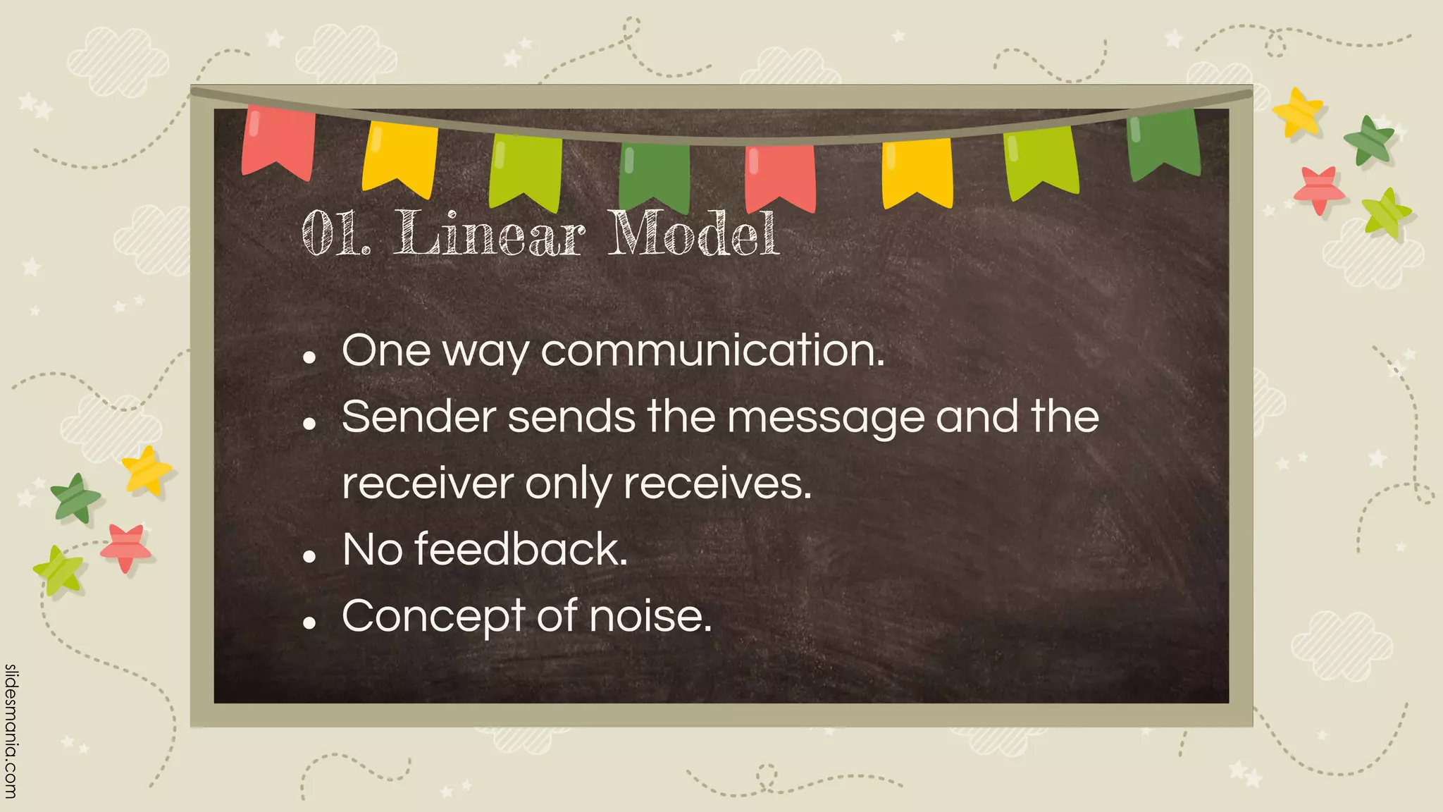 01. Linear Model
● One way communication.
● Sender sends the message and the
receiver only receives.
● No feedback.
● Concept of noise.
 