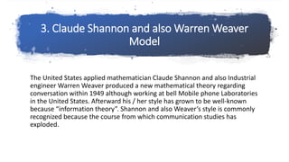 3. Claude Shannon and also Warren Weaver
Model
The United States applied mathematician Claude Shannon and also Industrial
engineer Warren Weaver produced a new mathematical theory regarding
conversation within 1949 although working at bell Mobile phone Laboratories
in the United States. Afterward his / her style has grown to be well-known
because “information theory”. Shannon and also Weaver’s style is commonly
recognized because the course from which communication studies has
exploded.
 