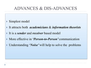 ADVANCES & DIS-ADVANCES
 Simplest model
 It attracts both academicians & information theorists
 It is a sender and receiver based model
 More effective in ‘Person-to-Person’ communication
 Understanding ‘Noise’ will help to solve the problems
 