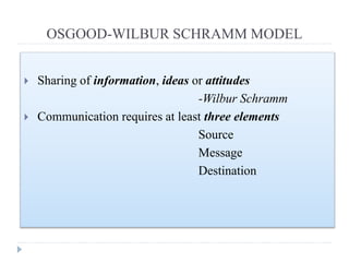 OSGOOD-WILBUR SCHRAMM MODEL
 Sharing of information, ideas or attitudes
-Wilbur Schramm
 Communication requires at least three elements
Source
Message
Destination
 