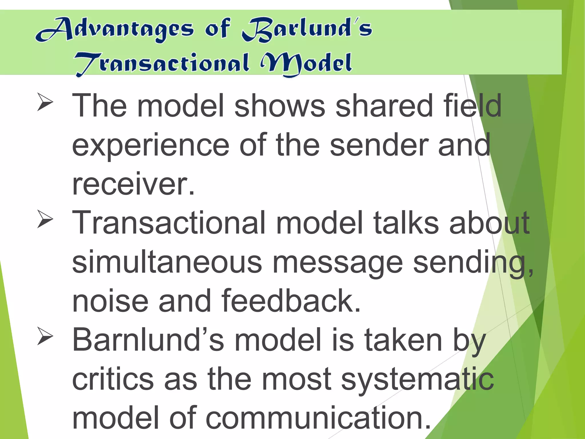  The model shows shared field
experience of the sender and
receiver.
 Transactional model talks about
simultaneous message sending,
noise and feedback.
 Barnlund’s model is taken by
critics as the most systematic
model of communication.
 