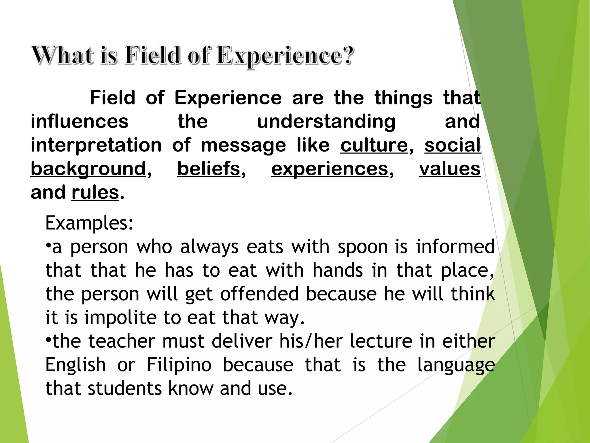 Field of Experience are the things that
influences the understanding and
interpretation of message like culture, social
background, beliefs, experiences, values
and rules.
Examples:
•a person who always eats with spoon is informed
that that he has to eat with hands in that place,
the person will get offended because he will think
it is impolite to eat that way.
•the teacher must deliver his/her lecture in either
English or Filipino because that is the language
that students know and use.
 