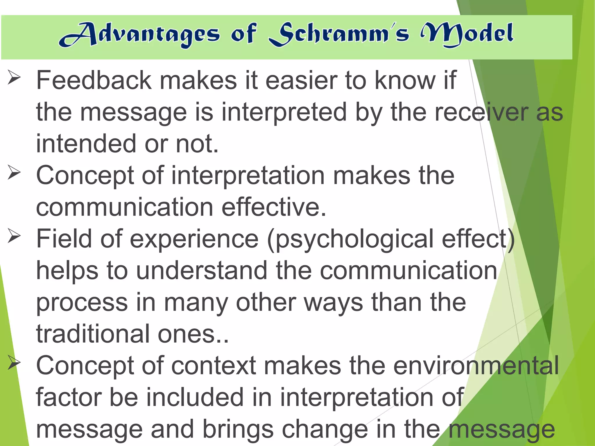  Feedback makes it easier to know if
the message is interpreted by the receiver as
intended or not.
 Concept of interpretation makes the
communication effective.
 Field of experience (psychological effect)
helps to understand the communication
process in many other ways than the
traditional ones..
 Concept of context makes the environmental
factor be included in interpretation of
message and brings change in the message
 