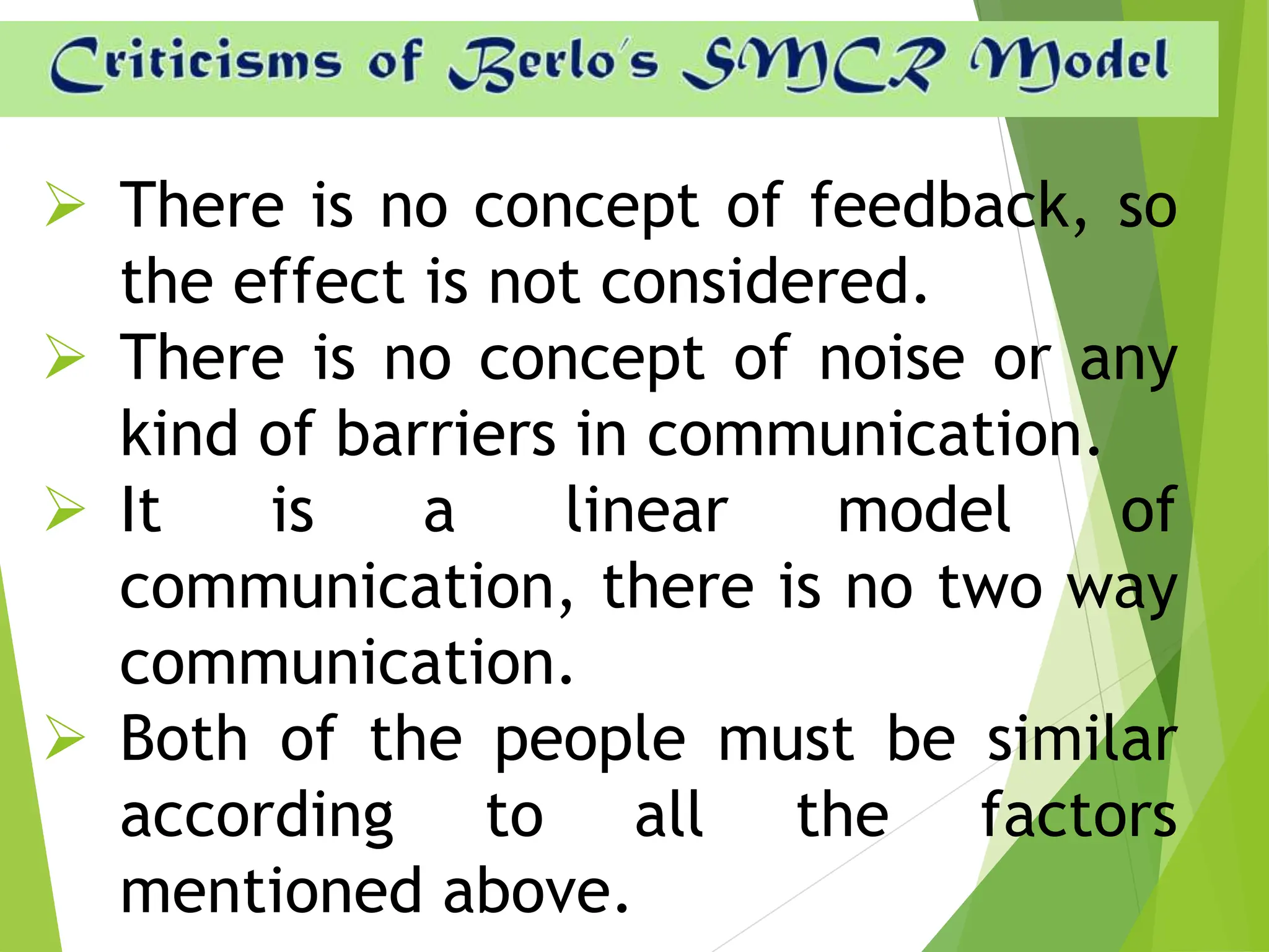  There is no concept of feedback, so
the effect is not considered.
 There is no concept of noise or any
kind of barriers in communication.
 It is a linear model of
communication, there is no two way
communication.
 Both of the people must be similar
according to all the factors
mentioned above.
 