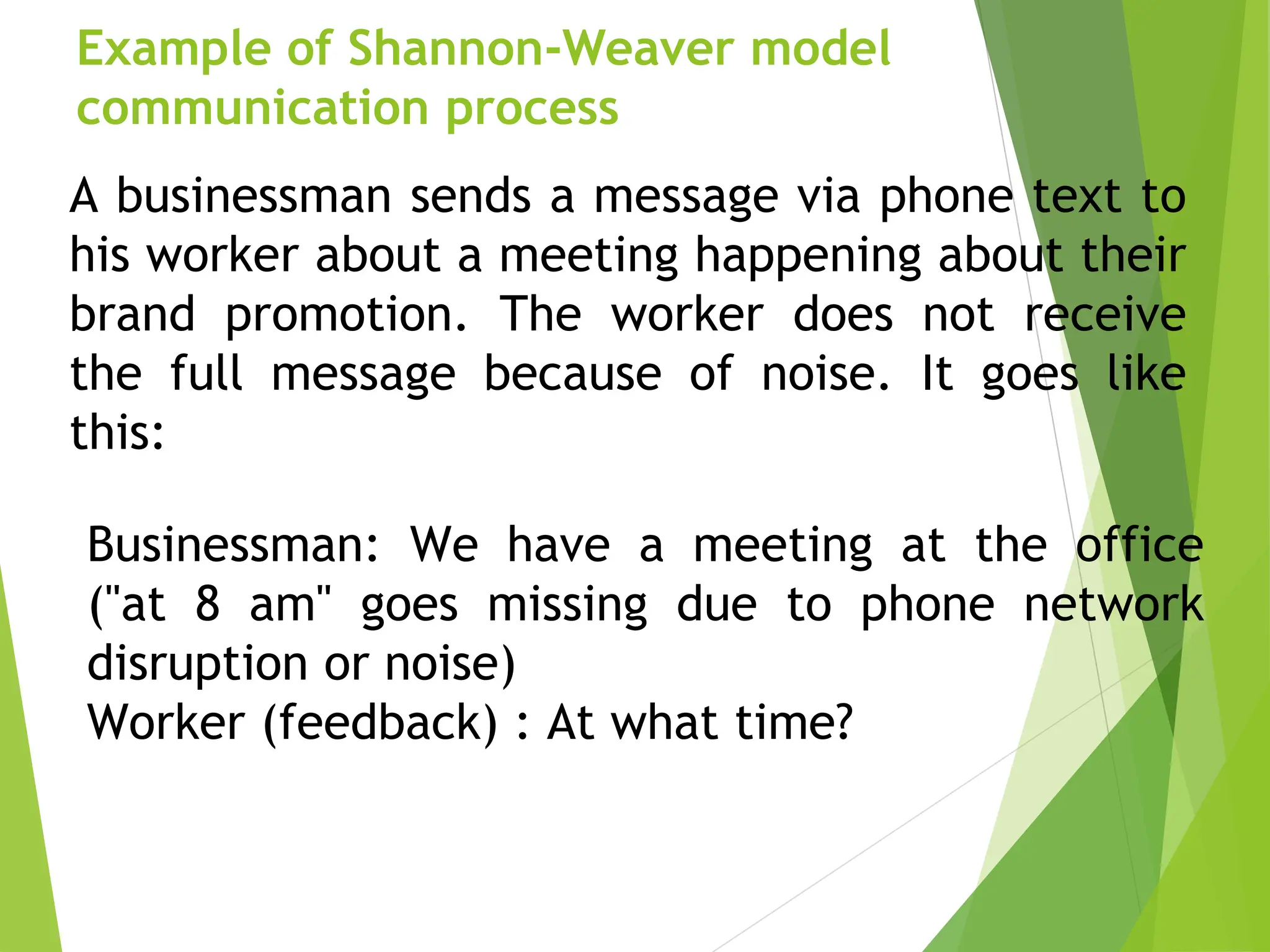 Example of Shannon-Weaver model
communication process
A businessman sends a message via phone text to
his worker about a meeting happening about their
brand promotion. The worker does not receive
the full message because of noise. It goes like
this:
Businessman: We have a meeting at the office
("at 8 am" goes missing due to phone network
disruption or noise)
Worker (feedback) : At what time?
 