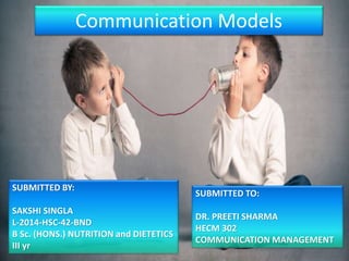 Communication Models
SUBMITTED BY:
SAKSHI SINGLA
L-2014-HSC-42-BND
B Sc. (HONS.) NUTRITION and DIETETICS
III yr
SUBMITTED TO:
DR. PREETI SHARMA
HECM 302
COMMUNICATION MANAGEMENT
 