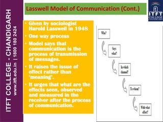 Lasswell Model of Communication (Cont.)
• Given by sociologist
Harold Lasswell in 1948
• One way process
• Model says that
communication is the
process of transmission
of messages.
• It raises the issue of
effect rather than
‘meaning’.
• It urges that what are the
effects seen, observed
and measured in the
receiver after the process
of communication.
 