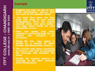 Example
 Suppose you have an idea in your
head (information source) that
you want to tell someone about.
 You must first move the idea
from your brain to your mouth
(transmitter). Since you cannot
actually share your gray matter,
you must select words for your
transmitter to use.
 Once you speak, your voice
(signal) is carried through the air
toward the listener's ear
(receiver).
 Along the way, your signal is
joined by a myriad of other
sounds and distractions (noises).
 The receiver then takes everything
it receives and tries to maximum
the message and minimize the
noise.
 Finally, the receiver conveys its
message to the other person's
mind (destination).
 