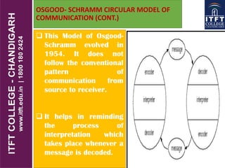OSGOOD- SCHRAMM CIRCULAR MODEL OF
COMMUNICATION (CONT.)
 This Model of Osgood-
Schramm evolved in
1954. It does not
follow the conventional
pattern of
communication from
source to receiver.
 It helps in reminding
the process of
interpretation which
takes place whenever a
message is decoded.
 