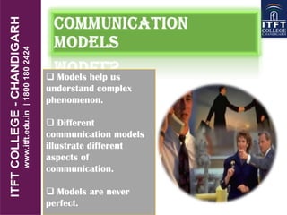  Models help us
understand complex
phenomenon.
 Different
communication models
illustrate different
aspects of
communication.
 Models are never
perfect.
 