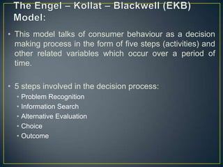 About the model
• The model has emphasised on the conscious
decision making process adopted by a consumer.
• The model is ...