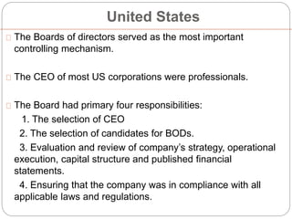 United States
The Boards of directors served as the most important
controlling mechanism.
The CEO of most US corporations ...