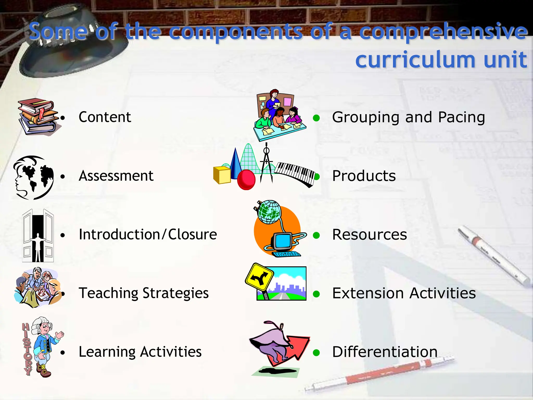 Some of the components of a comprehensive
curriculum unit
• Content
• Assessment
• Introduction/Closure
• Teaching Strategies
• Learning Activities
 Grouping and Pacing
 Products
 Resources
 Extension Activities
 Differentiation
 
